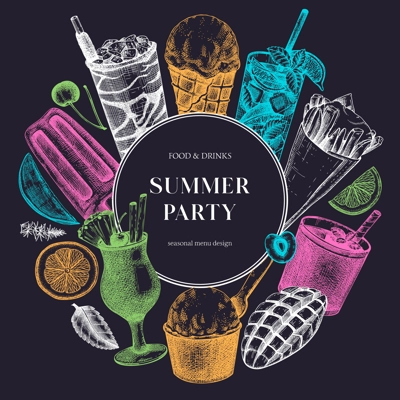 Summer party banner. Non-alcoholic beverage, mocktail, ice cream, fruit, cocktail sketches. Hand drawn vector illustration. Summer food and drink bar menu. Tropical design on chalkboard